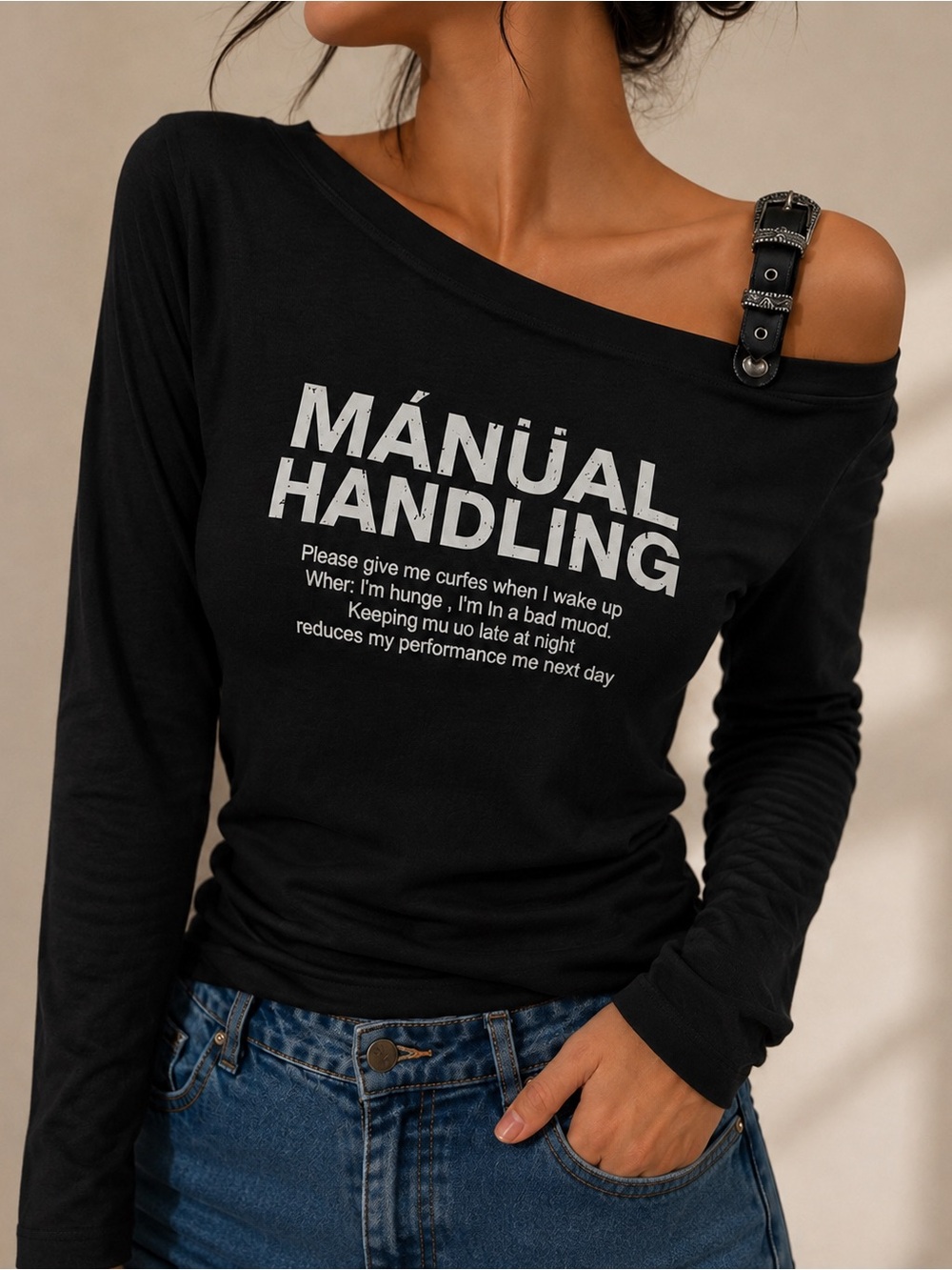 Black Off-Shoulder Long-Sleeve Tee with 'MÁNÜAL HANDLING' Graphic